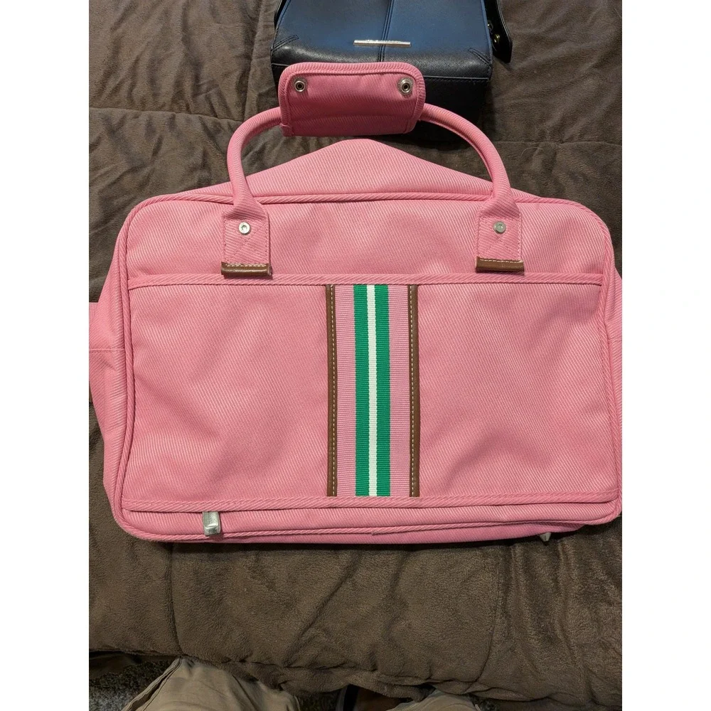 Tommy Hilfiger Pink Corduroy Laptop Bag Briefcase Green Stripe Preppy Travel Bag